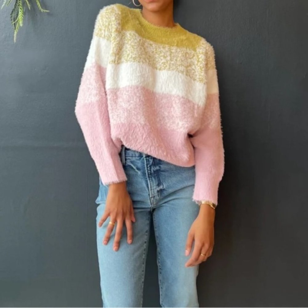 Yang Lotus Green Pink Striped Fuzzy Sweater